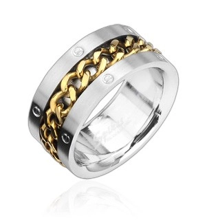 Prsteň z ocele s reťazou zlatej farby - Veľkosť: 61 mm