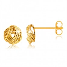 Zlaté náušnice v 14K zlate - pletenec z troch širokých pruhov, guličkový vzor