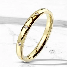 Prsteň zlatej farby z ocele - okrúhle zirkóniky čírej farby, 3 mm