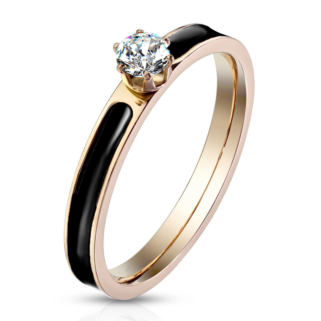Oceľový prsteň s pásom s čiernou glazúrou - okrúhly ligotavý zirkón čírej farby, 3 mm - Veľkosť: 54 mm