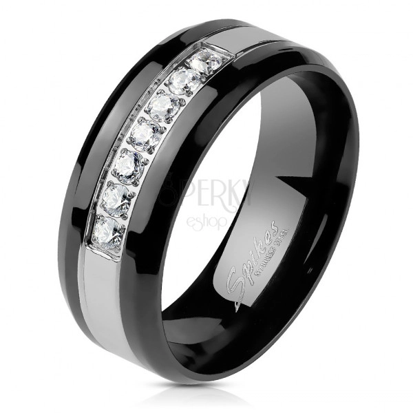 Oceľový prsteň v čierno-striebornom odtieni - pás z čírych zirkónov, 8 mm