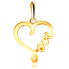 Prívesok zo žltého 585 zlata - lesklá kontúra srdca s nápisom "Love"