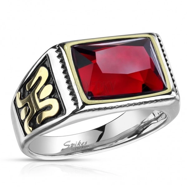 Oceľový prsteň v striebornom prevedení s červeným krištáľom - ornament na na boku, čierna glazúra, 13 mm