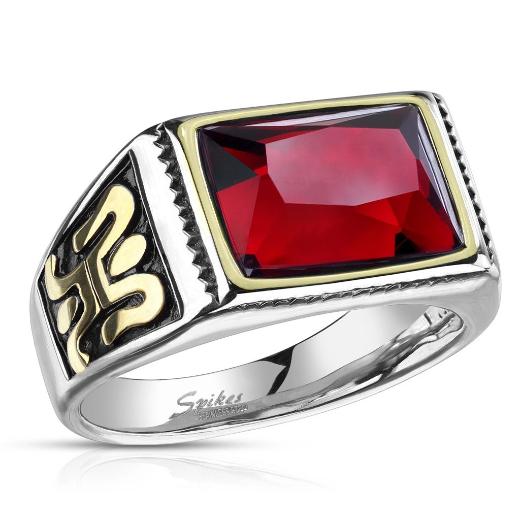 Oceľový prsteň v striebornom prevedení s červeným krištáľom - ornament na na boku, čierna glazúra, 13 mm - Veľkosť: 57 mm