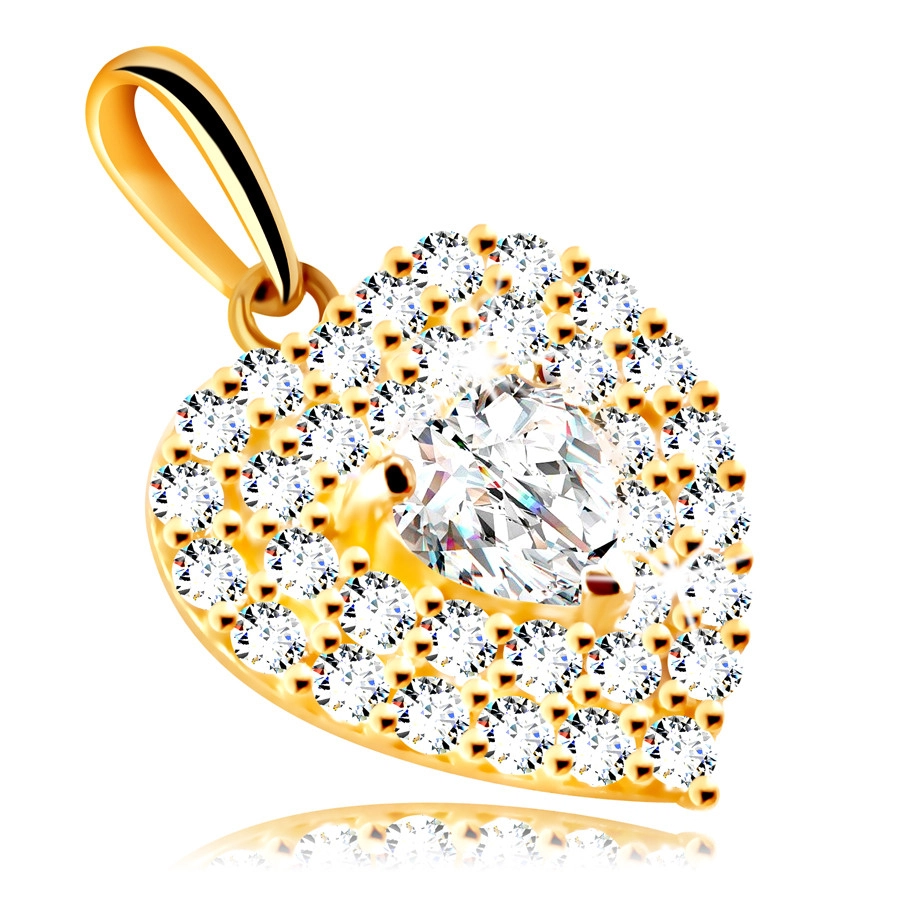 Prívesok zo 14K zlata - srdce zdobené trblietavými zirkónmi so vsadeným zirkónovým srdiečkom