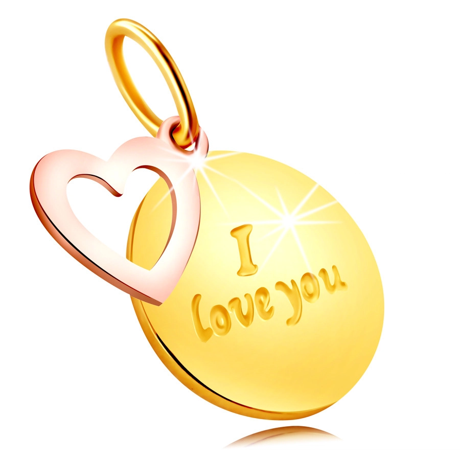 E-shop Šperky Eshop - Prívesok z kombinovaného 585 zlata - okrúhla známka s nápisom "I love you", kontúra srdca S1GG236.40