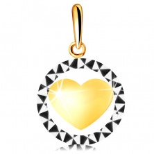 Prívesok v 585 kombinovanom zlate - obrys kruhu s trojuholníkovým rezom, vypuklé srdce