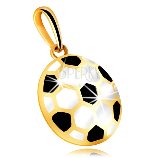 Zlatý 14K prívesok - vypuklá futbalová lopta s čiernou a bielou glazúrou, dutá zadná strana