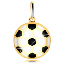 Zlatý 14K prívesok - vypuklá futbalová lopta s čiernou a bielou glazúrou, dutá zadná strana
