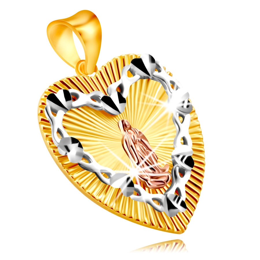 E-shop Šperky Eshop - Prívesok v kombinovanom zlate 585 - srdcová známka, kontúra srdca s Pannou Máriou S1GG236.21