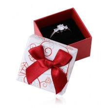 Bielo-červená darčeková krabička na náušnice a prsteň - ornamenty a červená mašľa