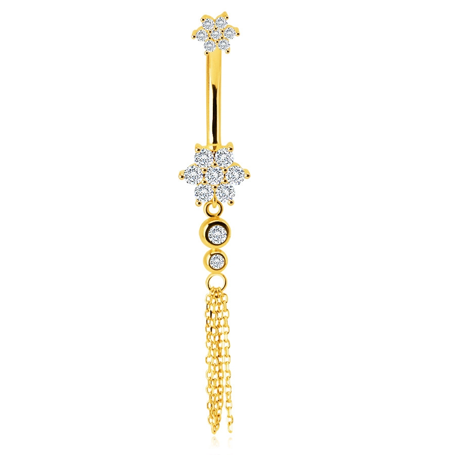 E-shop Šperky Eshop - Zlatý piercing 585 do pupku - kvietky so zirkónmi, dva číre zirkóniky v objímke, očko s retiazkou S1GG234.14
