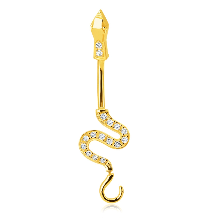 E-shop Šperky Eshop - Piercing zo 14K zlata do bruška - lesklý vlniaci sa had, chvost ozdobený ligotavými zirkónmi S1GG234.15