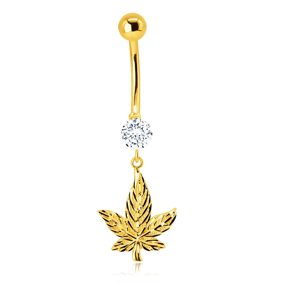 E-shop Šperky Eshop - Piercing zo 14K žltého zlata do bruška - ligotavý marihuanový list, trblietavý okrúhly zirkón S1GG234.20