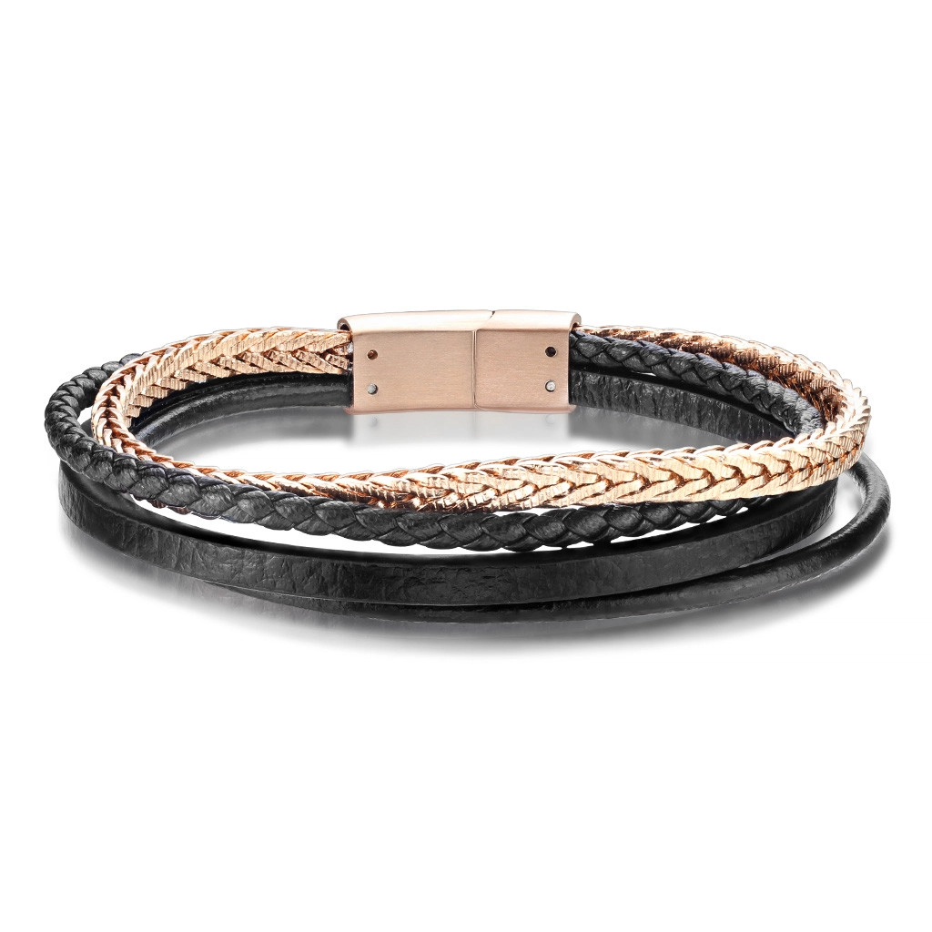 E-shop Šperky Eshop - Kožený náramok na ruku - tri čierne pásy, jeden oceľový pásik v medenej farbe O14.05/09 - Dĺžka: 200 mm