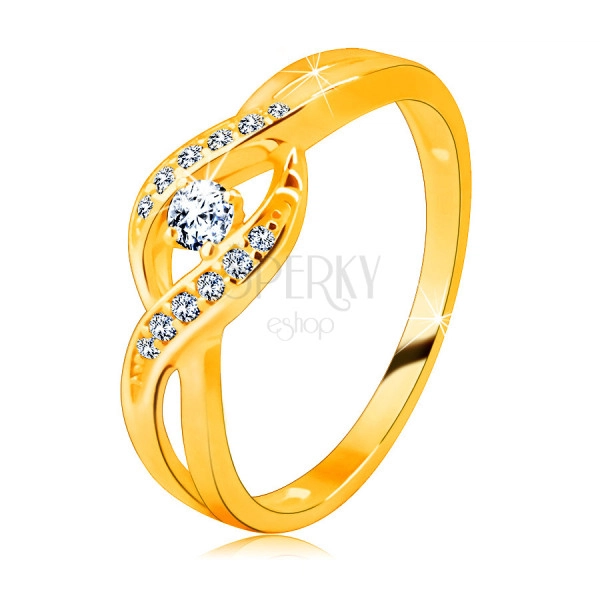 Zlatý prsteň zo 14K zlata - tenké prepletené ramená so zirkónikmi, okrúhly ligotavý zirkón 