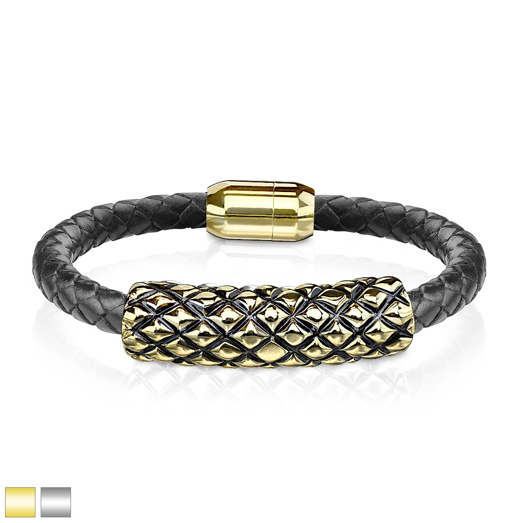 E-shop Šperky Eshop - Čierny kožený náramok - valček so šupinkami s čiernou patinou, magnetické zapínanie AB39.07 - Farba: Zlatá