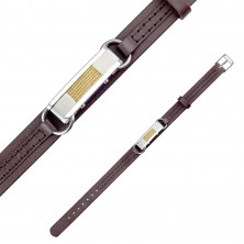 Hnedý kožený náramok - očkami prichytený obdĺžnik so zárezom v strede a drôtmi v zlatej farbe