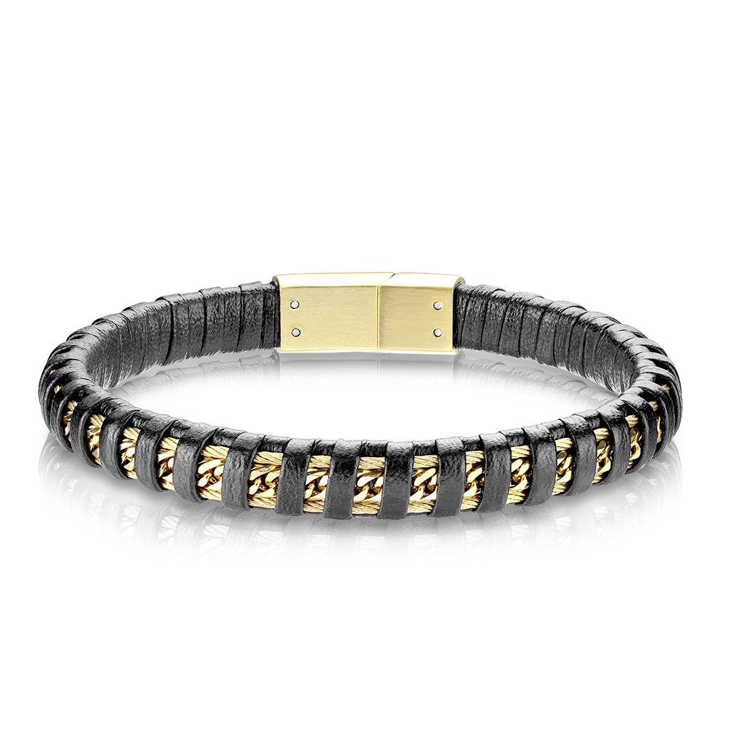 E-shop Šperky Eshop - Čierny kožený náramok - v strede zdobený retiazkou a drôtikmi v zlatej farbe AB39.08/10 - Dĺžka: 220 mm