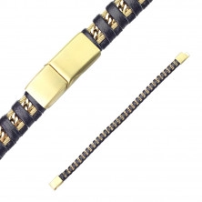 Čierny kožený náramok - v strede zdobený retiazkou a drôtikmi v zlatej farbe