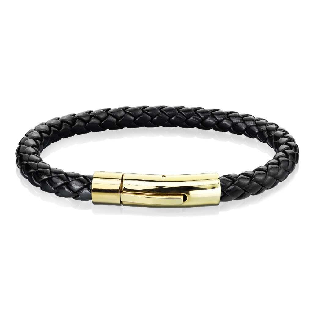 E-shop Šperky Eshop - Čierny kožený náramok s prepleteným vzorom - oceľové zapínanie v zlatom odtieni AB39.09/13 - Dĺžka: 190 mm
