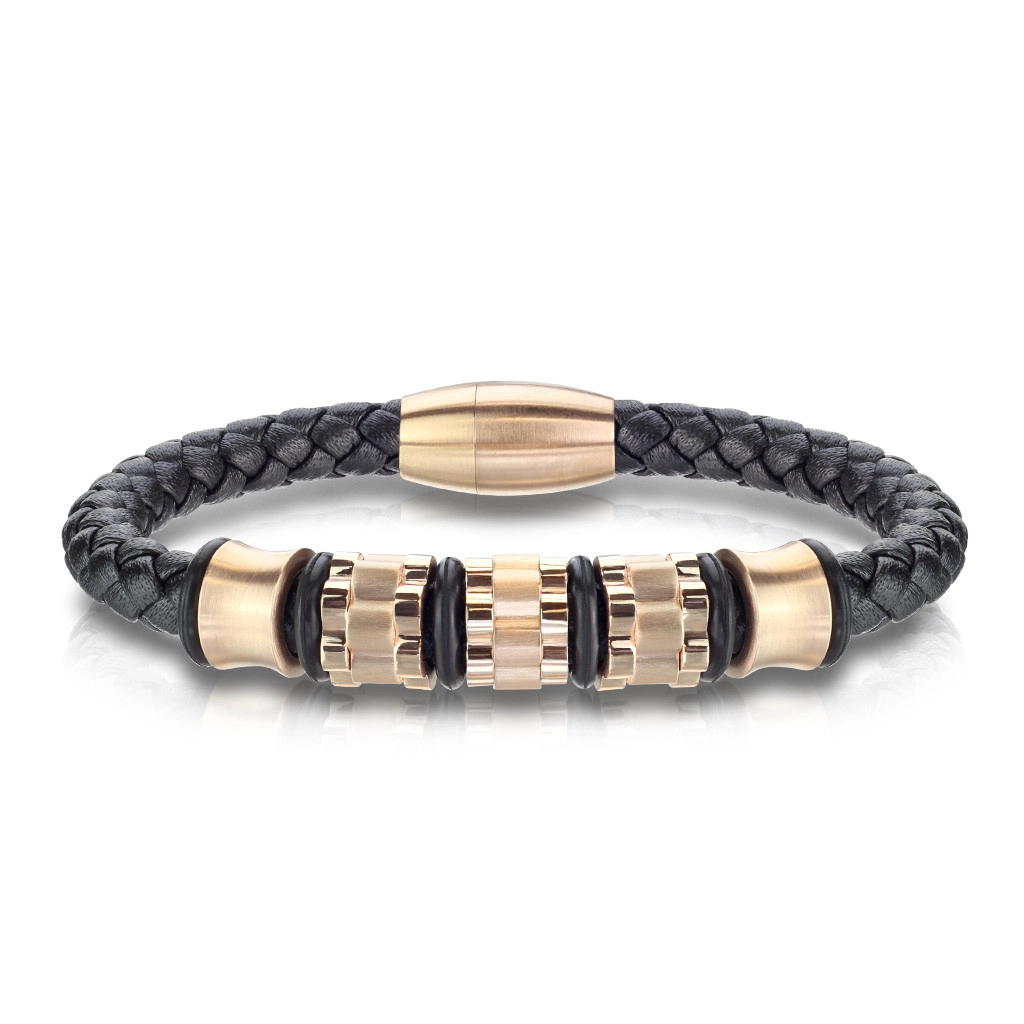 E-shop Šperky Eshop - Čierny kožený náramok s prepleteným vzorom - ozubené kolieska a valčeky v medenej farbe A19.04/08 - Dĺžka: 210 mm