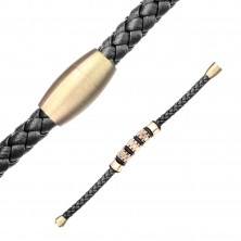 Čierny kožený náramok s prepleteným vzorom - ozubené kolieska a valčeky v medenej farbe