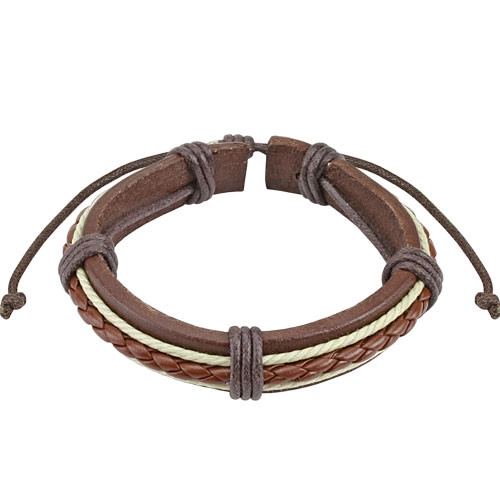 E-shop Šperky Eshop - Kožený náramok - tmavohnedý pás, pletenec karamelovej farby, biele šnúrky Q10.19