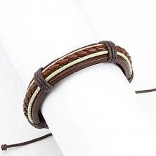 Kožený náramok - tmavohnedý pás, pletenec karamelovej farby, biele šnúrky
