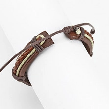 Kožený náramok - tmavohnedý pás, pletenec karamelovej farby, biele šnúrky