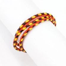 Zapletaný trojfarebný náramok na ruku z kože - červená, čierna a žltá farba