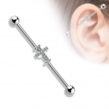 Piercing do ucha z chirurgickej ocele - činka ukončená guličkami, ozdobená krížikom s kryštálikmi