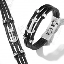 Čierny kožený náramok - kotva z ocele, lesklé valčeky, hodinkové zapínanie