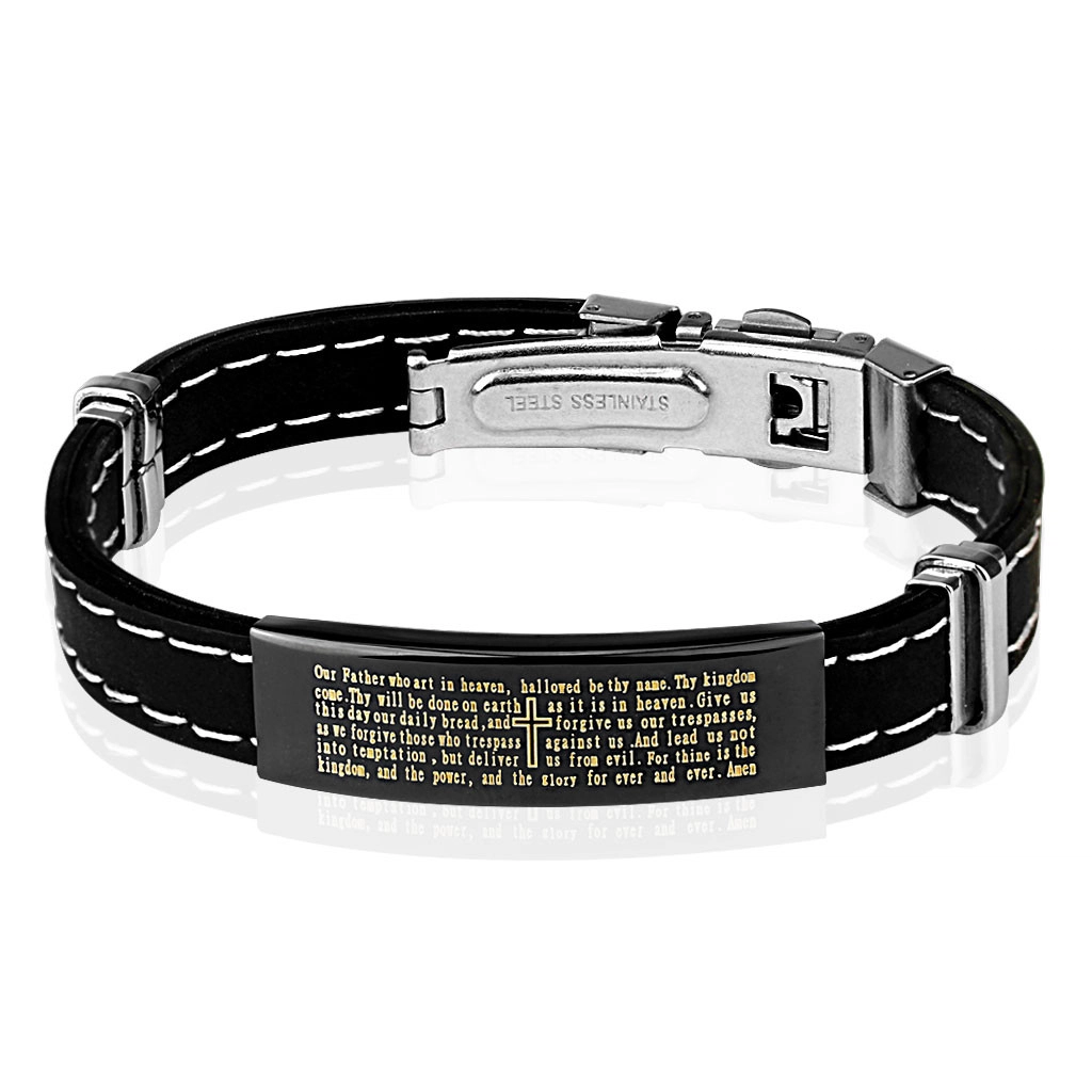 E-shop Šperky Eshop - Čierny gumený náramok s bielym šitím- obdĺžniková známka v čiernej farbe s textom modlitby Q13.19