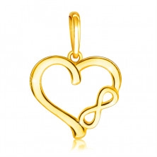 Prívesok zo žltého 585 zlata - motív "INFINITY" v ramene lesklého srdca, hladký povrch