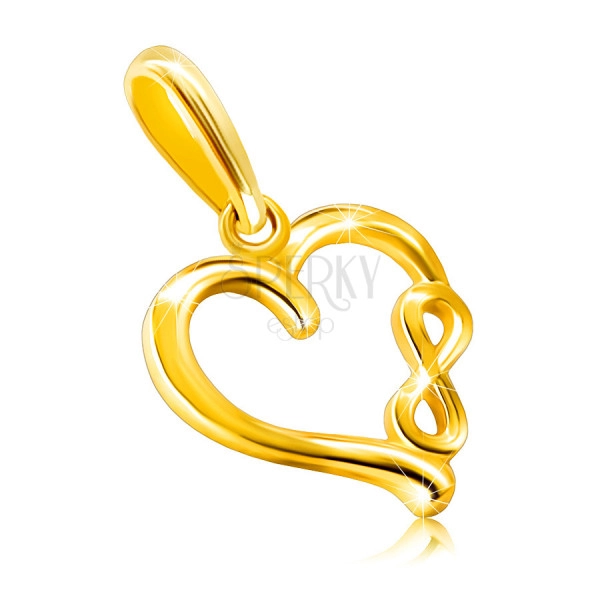 Prívesok zo žltého 585 zlata - motív "INFINITY" v ramene lesklého srdca, hladký povrch