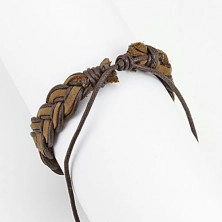 Kožený náramok pletenec - kožené prúžky prepletené tmavými motúzikmi z tkaniny