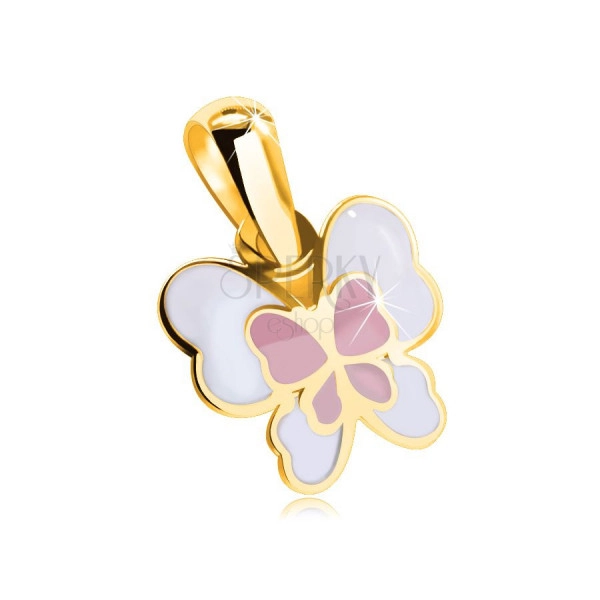 Prívesok z 9K zlata - motýľ s ružovou a bielou glazúrou a zlatým lemovaním krídel  
