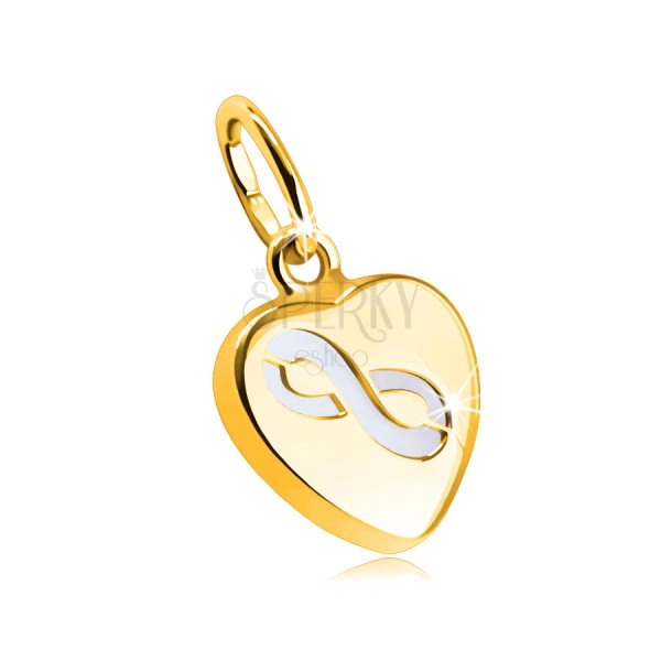 Obojstranný prívesok z 9K zlata - motív srdiečka z perlete v tenkej hladkej objímke, vzor "INFINITY"