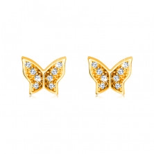 Náušnice zo 14K zlata - motýľ zdobený lesklými okrúhlymi zirkónikmi, puzetky