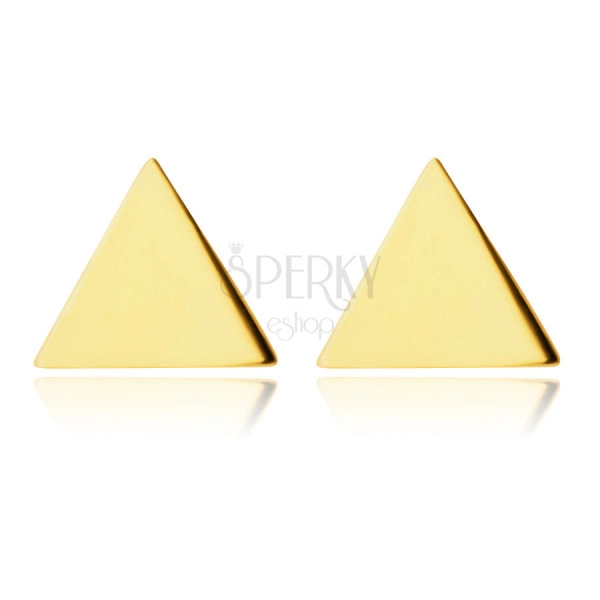 Puzetové náušnice zo 14K zlata - zrkadlovolesklé symetrické trojuholníky, hladký povrch 