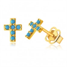 Náušnice zo 14K zlata - drobný latinský krížik zdobený okrúhlymi tyrkysmi, puzetky