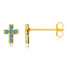 Náušnice zo 14K zlata - drobný latinský krížik zdobený okrúhlymi tyrkysmi, puzetky