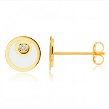 Náušnice z 585 zlata - krúžok s tvarom mesiačika a bielou glazúrou, drobný trblietavý zirkón