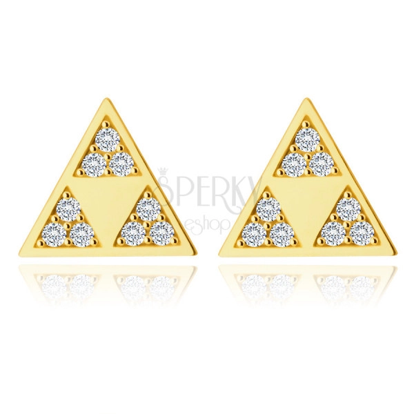 Zlaté 585 náušnice - lesklý trojuholník s tromi menšími trojuholníkmi vo výreze, drobné zirkóny