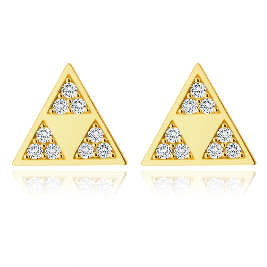 Zlaté 585 náušnice - lesklý trojuholník s tromi menšími trojuholníkmi vo výreze, drobné zirkóny