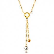 Zlatý 14K náhrdelník - biela perla a lesklá gulička na retiazkach, plochý krúžok