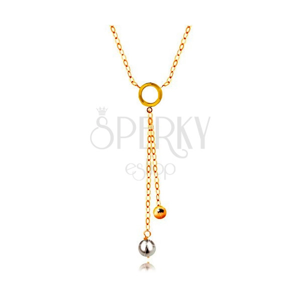 Zlatý 14K náhrdelník - biela perla a lesklá gulička na retiazkach, plochý krúžok