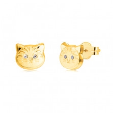 Zlaté 14K náušnice - hlava mačičky s okrúhlymi zirkónovými očami