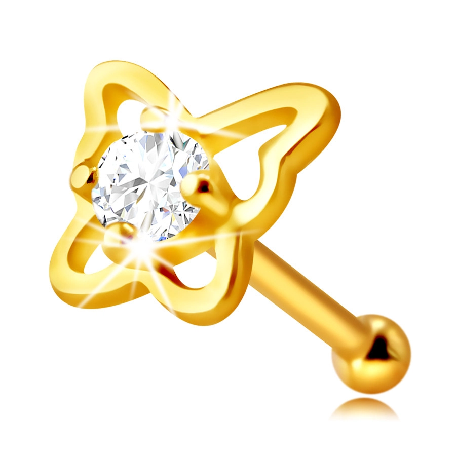 E-shop Šperky Eshop - Zlatý piercing do nosa zo 14K zlata - kontúra motýľa s okrúhlym zirkónom čírej farby, 2 mm S1GG240.10